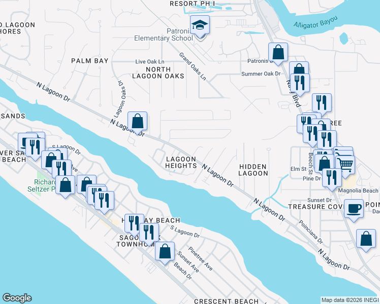 map of restaurants, bars, coffee shops, grocery stores, and more near 7116 North Lagoon Drive in Panama City