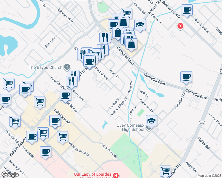 map of restaurants, bars, coffee shops, grocery stores, and more near Legardienne Way in Lafayette