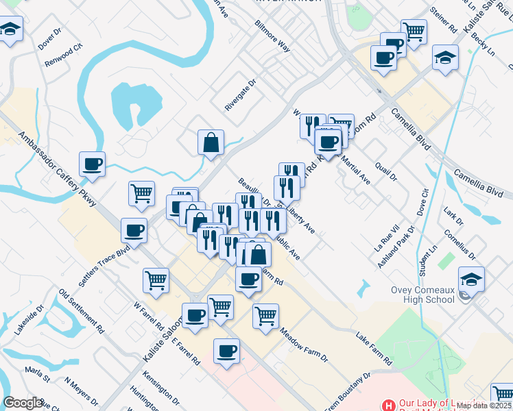 map of restaurants, bars, coffee shops, grocery stores, and more near 2314 Kaliste Saloom Road in Lafayette