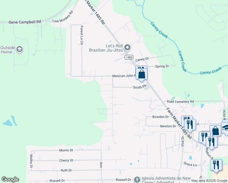 map of restaurants, bars, coffee shops, grocery stores, and more near 19662 Espinosa Lane in New Caney