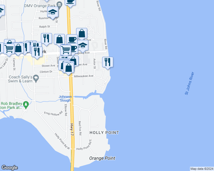 map of restaurants, bars, coffee shops, grocery stores, and more near 2223 Astor Street in Orange Park