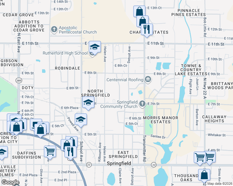 map of restaurants, bars, coffee shops, grocery stores, and more near 711 Sanders Lane in Panama City