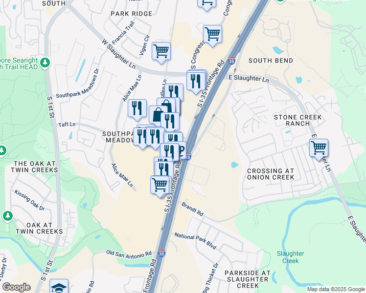 map of restaurants, bars, coffee shops, grocery stores, and more near 9500 N Interstate 35 Frontage Rd in Austin