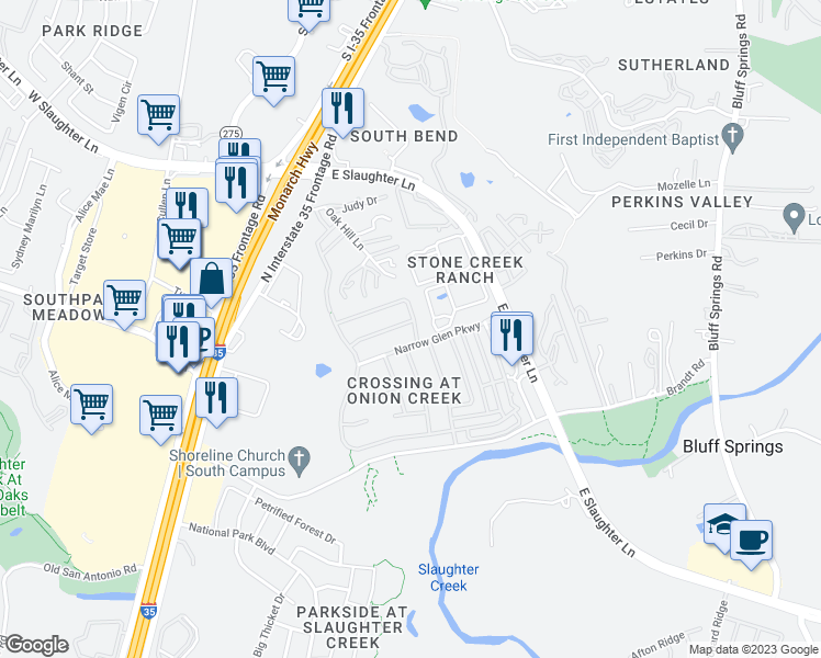 map of restaurants, bars, coffee shops, grocery stores, and more near 2115 Charlotte Estates Drive in Austin