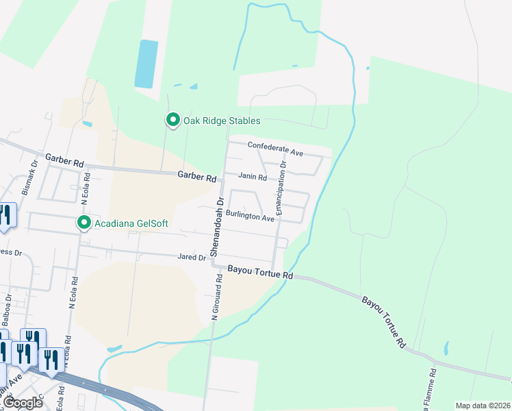 map of restaurants, bars, coffee shops, grocery stores, and more near 308 Bull Run Circle in Broussard