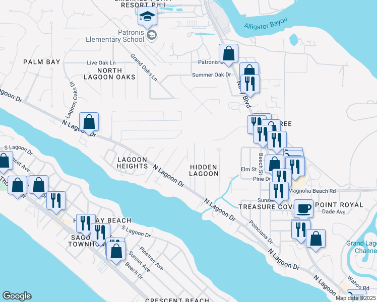 map of restaurants, bars, coffee shops, grocery stores, and more near 3606 Tiki Drive in Panama City Beach