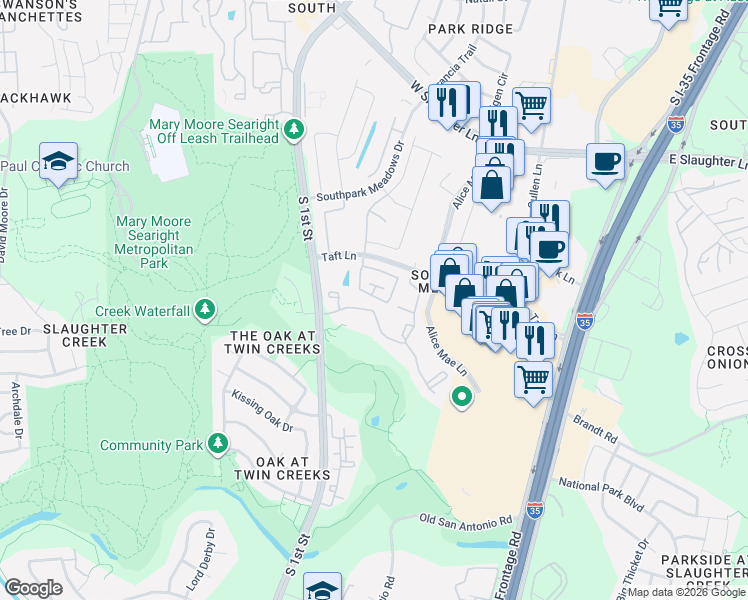 map of restaurants, bars, coffee shops, grocery stores, and more near 9908 Milla Circle in Austin