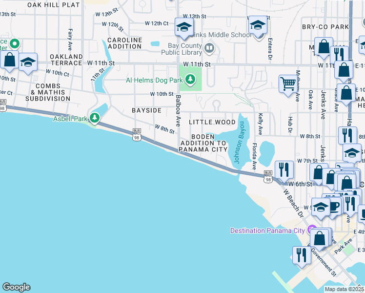 map of restaurants, bars, coffee shops, grocery stores, and more near 940 West Beach Drive in Panama City