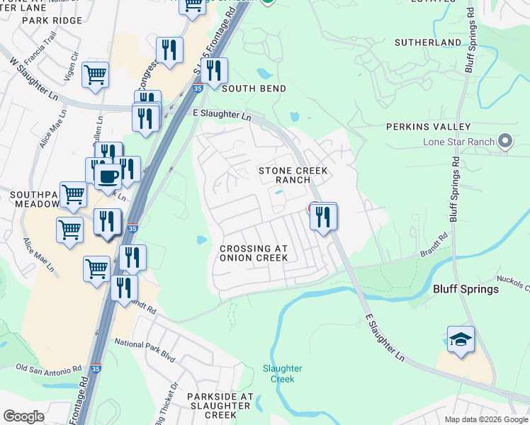 map of restaurants, bars, coffee shops, grocery stores, and more near 9105 Meridian Oak Lane in Austin