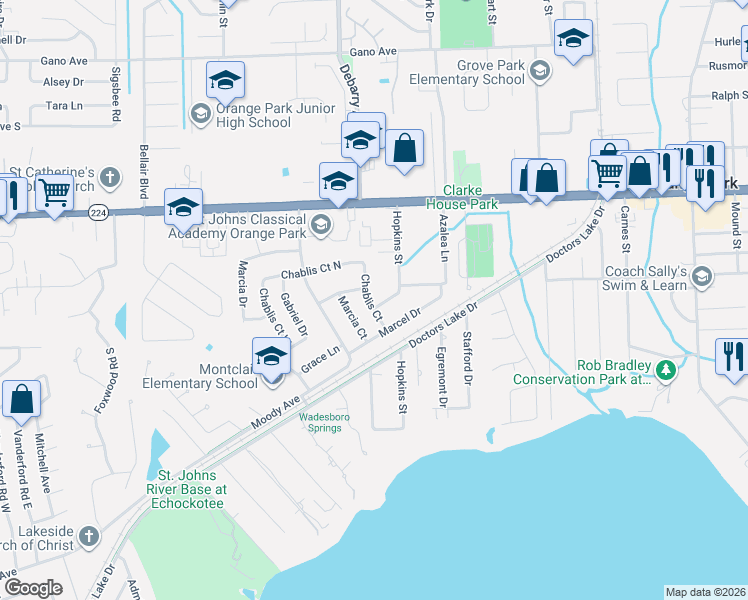 map of restaurants, bars, coffee shops, grocery stores, and more near 2242 Hopkins Street in Orange Park