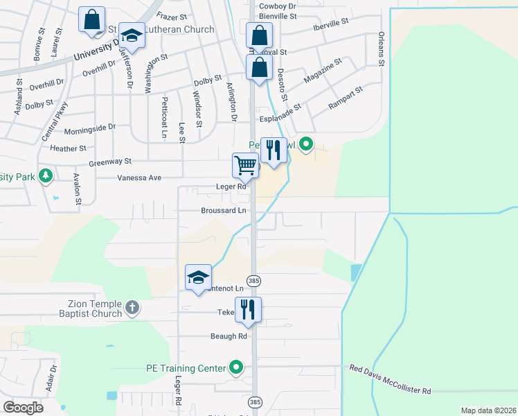 map of restaurants, bars, coffee shops, grocery stores, and more near 5313 Common Street in Lake Charles