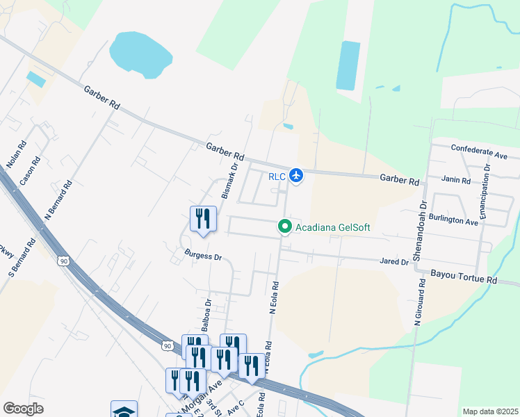 map of restaurants, bars, coffee shops, grocery stores, and more near 504 Pear Tree Circle in Broussard