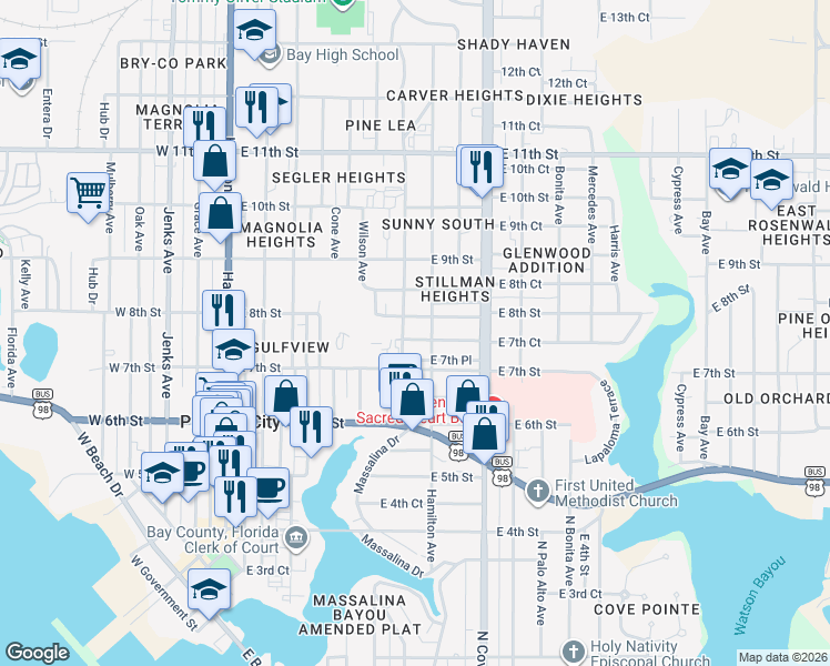 map of restaurants, bars, coffee shops, grocery stores, and more near 529 East 7th Court in Panama City