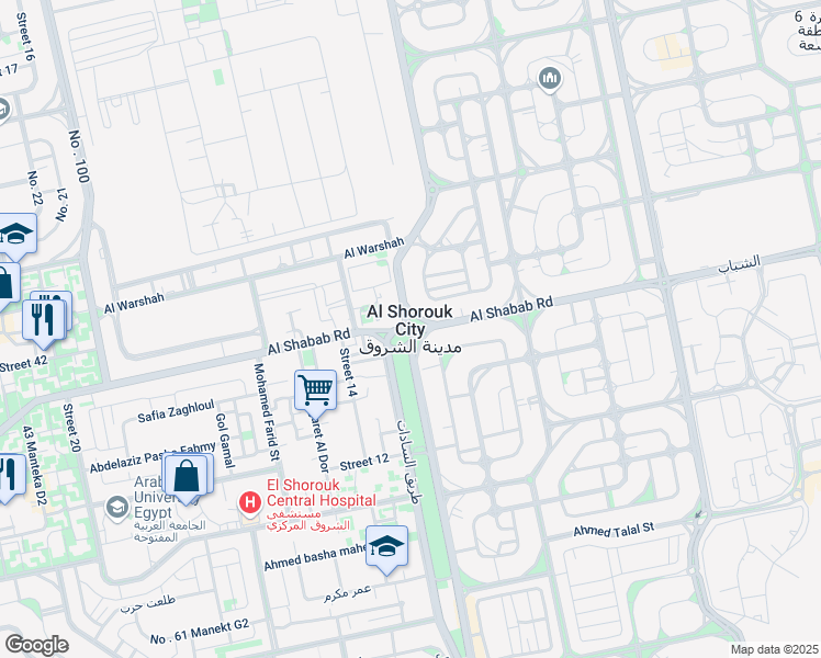 map of restaurants, bars, coffee shops, grocery stores, and more near in Al Shorouk City