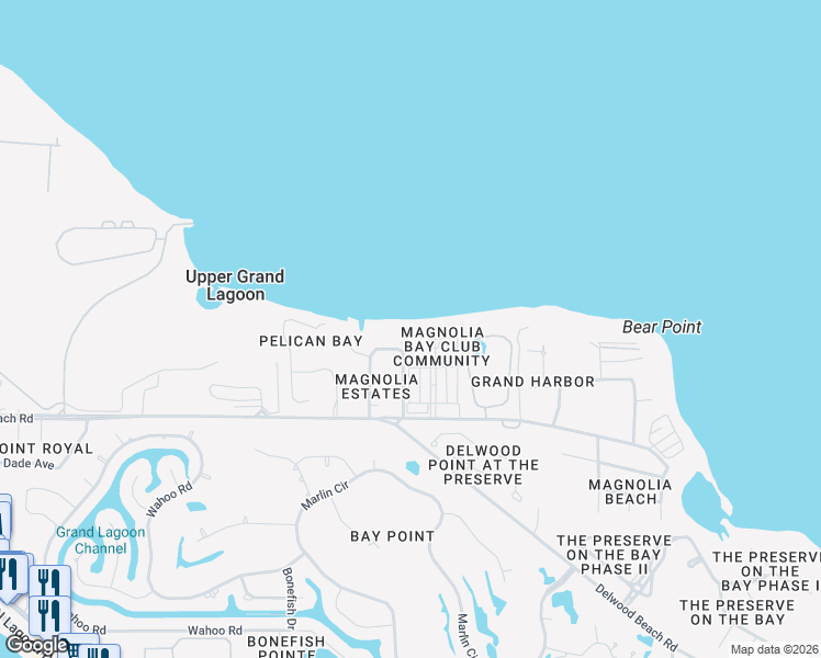 map of restaurants, bars, coffee shops, grocery stores, and more near 2301 Magnolia Drive in Panama City Beach