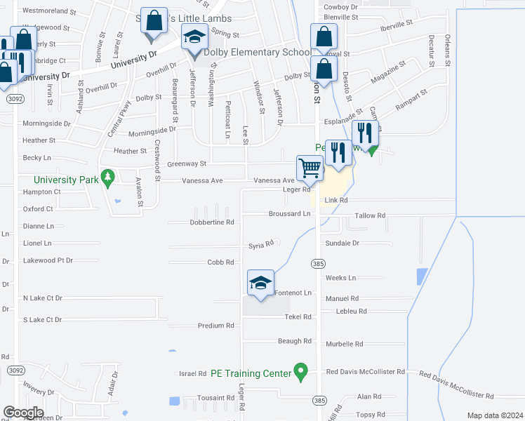 map of restaurants, bars, coffee shops, grocery stores, and more near 325 Broussard Lane in Lake Charles