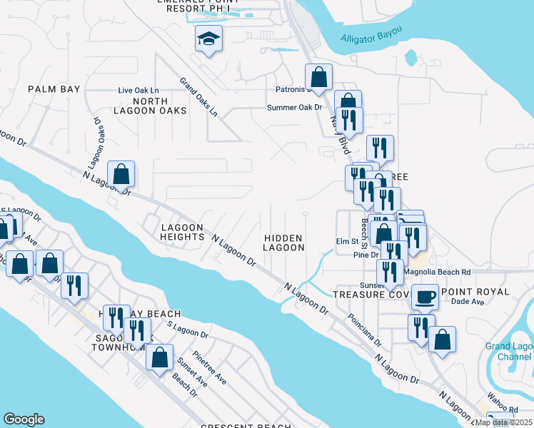 map of restaurants, bars, coffee shops, grocery stores, and more near 3606 Tiki Drive in Panama City Beach
