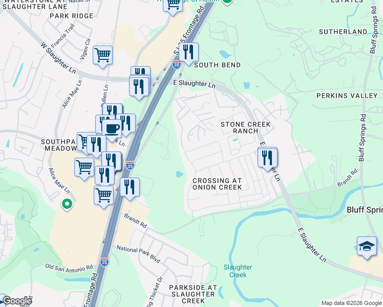 map of restaurants, bars, coffee shops, grocery stores, and more near 8710 Meridian Oak Lane in Austin
