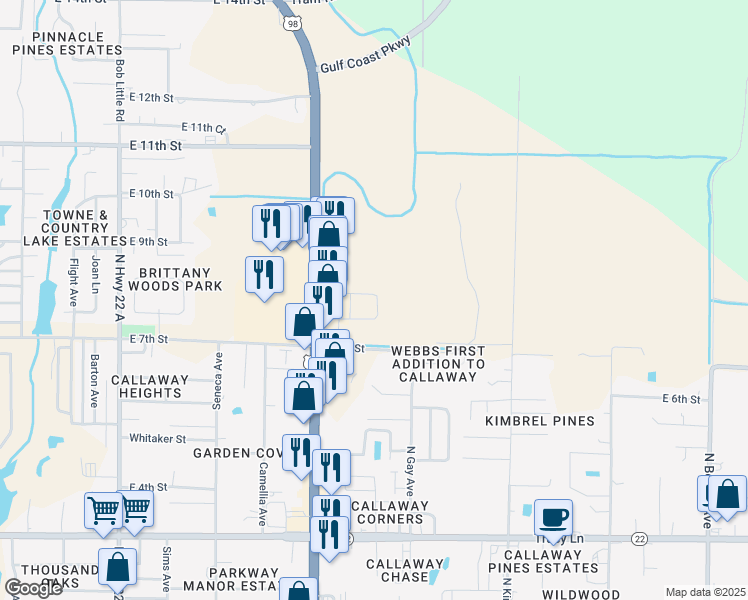 map of restaurants, bars, coffee shops, grocery stores, and more near 5908 Callaway Circle in Panama City