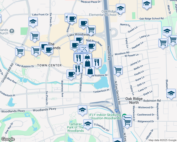 map of restaurants, bars, coffee shops, grocery stores, and more near 1330 Lake Robbins Drive in The Woodlands