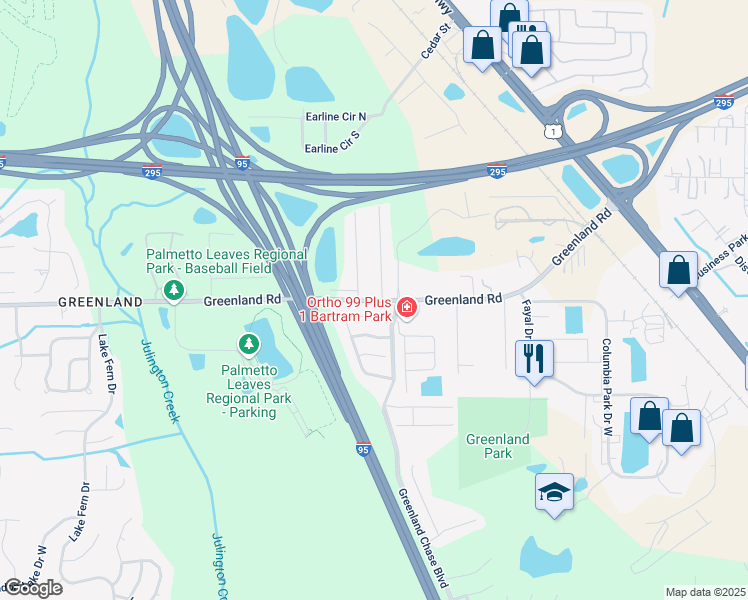 map of restaurants, bars, coffee shops, grocery stores, and more near 6023 Greenland Road in Jacksonville