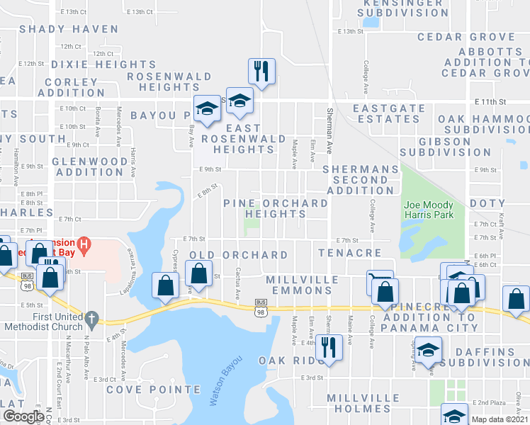 map of restaurants, bars, coffee shops, grocery stores, and more near 716 Redwood Avenue in Panama City