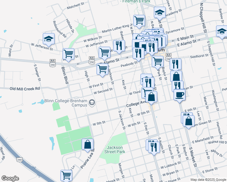 map of restaurants, bars, coffee shops, grocery stores, and more near 600 South Jackson Street in Brenham