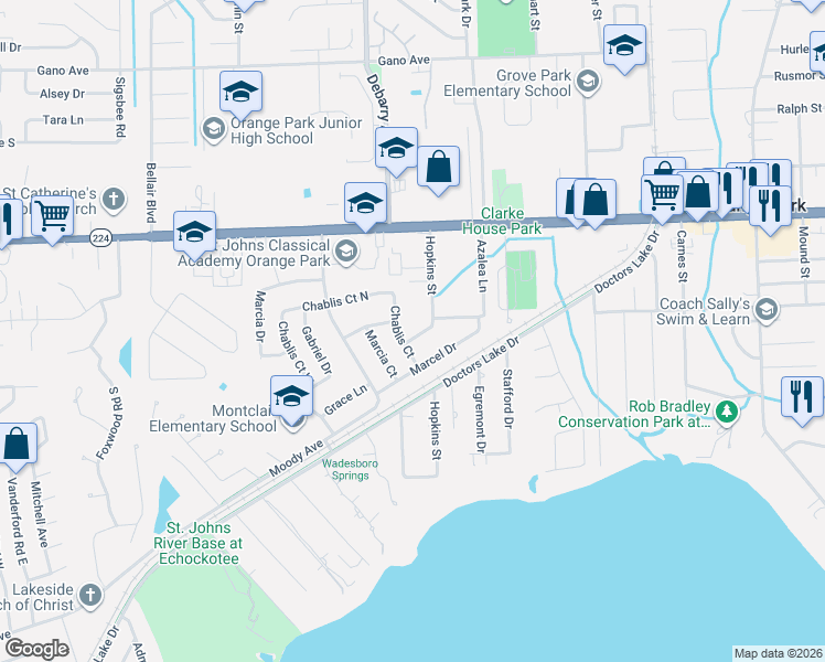map of restaurants, bars, coffee shops, grocery stores, and more near 2242 Hopkins Street in Orange Park