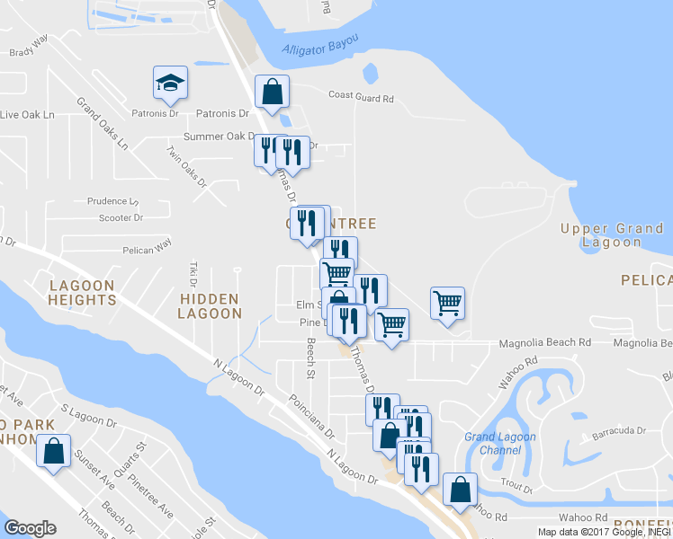 map of restaurants, bars, coffee shops, grocery stores, and more near 2305 Thomas Drive in Panama City