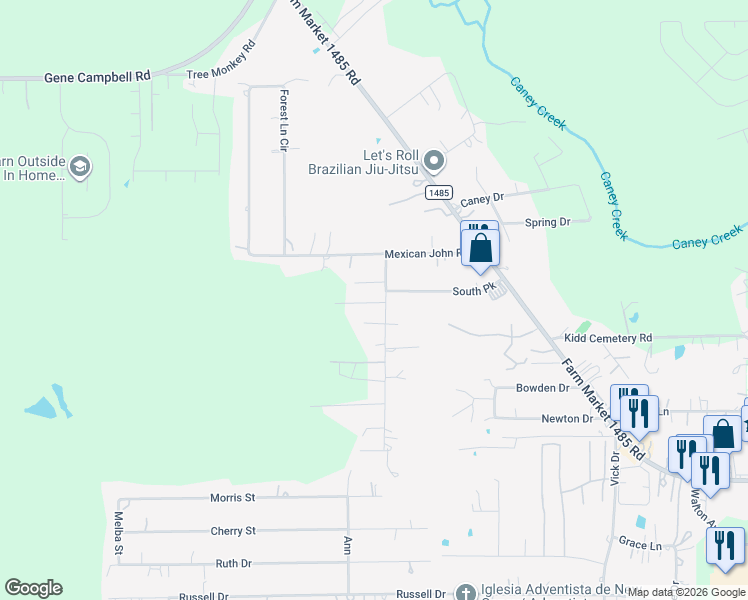 map of restaurants, bars, coffee shops, grocery stores, and more near 19662 Espinosa Lane in New Caney