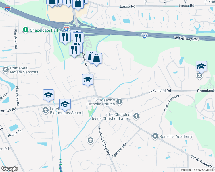 map of restaurants, bars, coffee shops, grocery stores, and more near 11524 Oak Moss Trail in Jacksonville