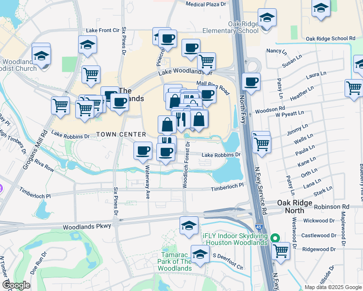 map of restaurants, bars, coffee shops, grocery stores, and more near 1450 Lake Robbins Drive in Spring