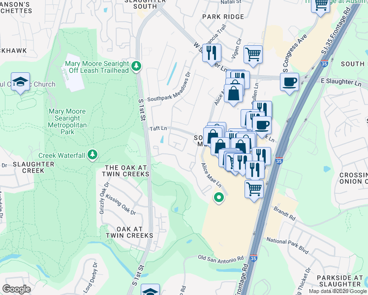 map of restaurants, bars, coffee shops, grocery stores, and more near 10024 Milla Circle in Austin