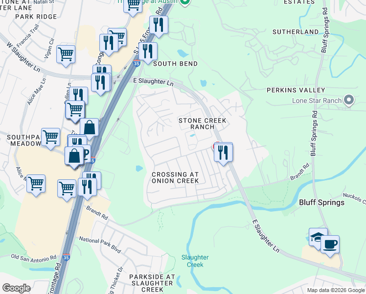 map of restaurants, bars, coffee shops, grocery stores, and more near 9103 Meridian Oak Lane in Austin