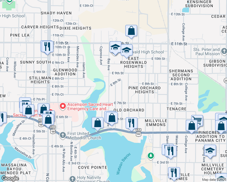 map of restaurants, bars, coffee shops, grocery stores, and more near 715 Williams Avenue in Panama City