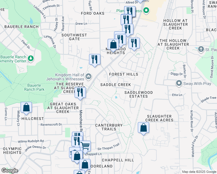 map of restaurants, bars, coffee shops, grocery stores, and more near 10808 Old Manchaca Road in Austin