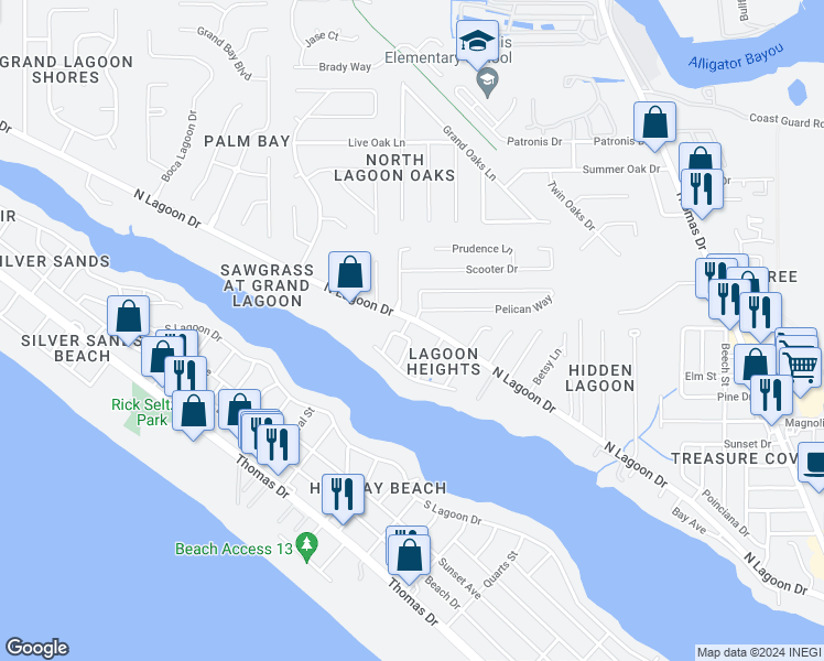 map of restaurants, bars, coffee shops, grocery stores, and more near 7201 North Lagoon Drive in Panama City