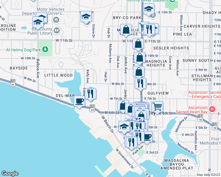 map of restaurants, bars, coffee shops, grocery stores, and more near 728 Mulberry Avenue in Panama City