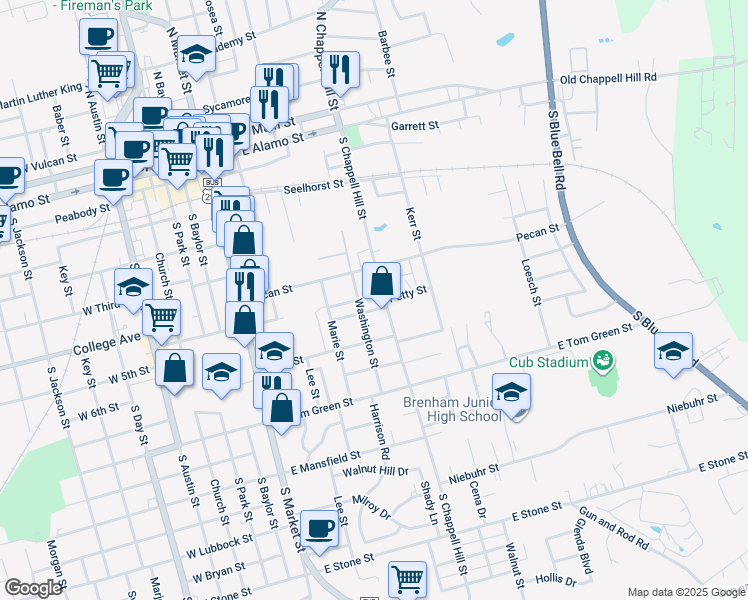 map of restaurants, bars, coffee shops, grocery stores, and more near 1017 Washington Street in Brenham