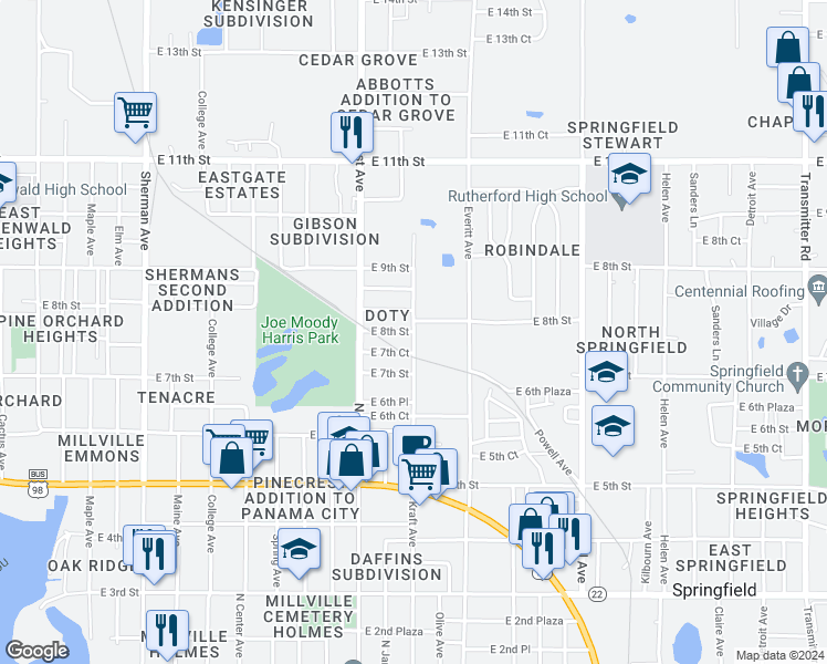 map of restaurants, bars, coffee shops, grocery stores, and more near 800 Kraft Avenue in Panama City