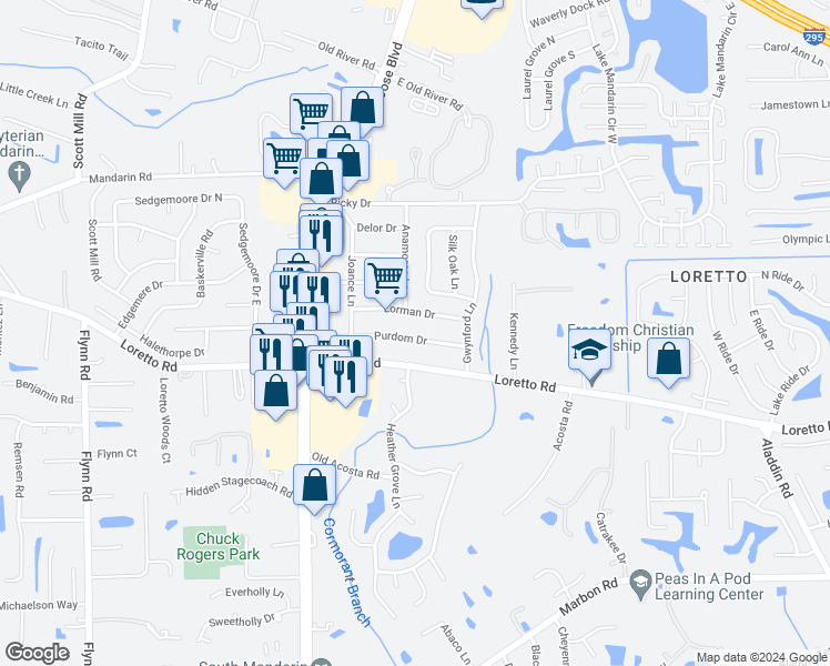 map of restaurants, bars, coffee shops, grocery stores, and more near 3105 Purdom Drive in Jacksonville