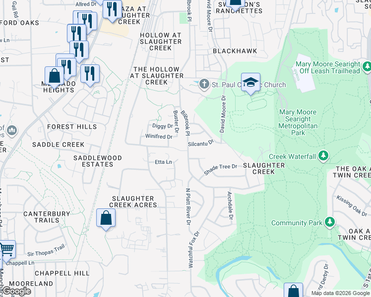 map of restaurants, bars, coffee shops, grocery stores, and more near 10404 Bilbrook Place in Austin
