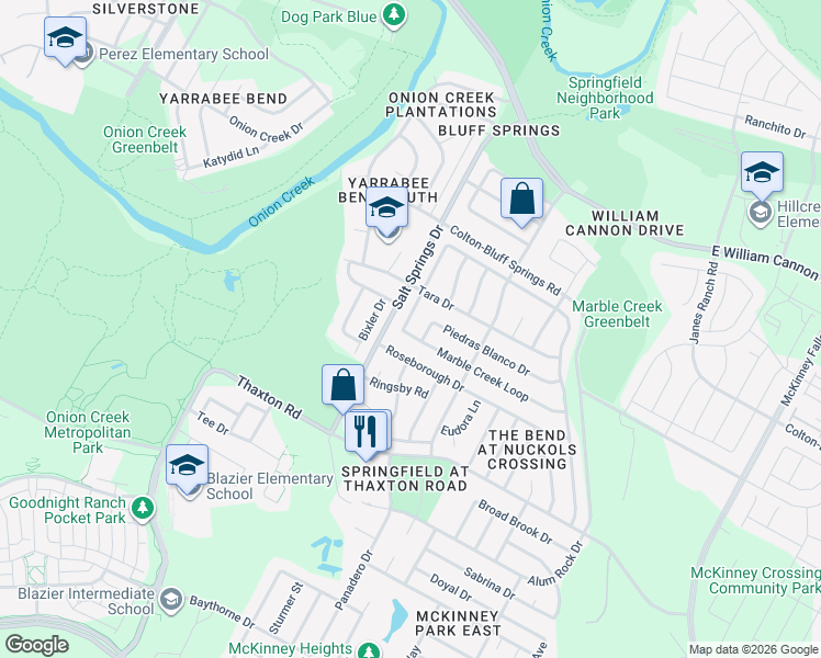 map of restaurants, bars, coffee shops, grocery stores, and more near 7733 Marble Crest Drive in Austin