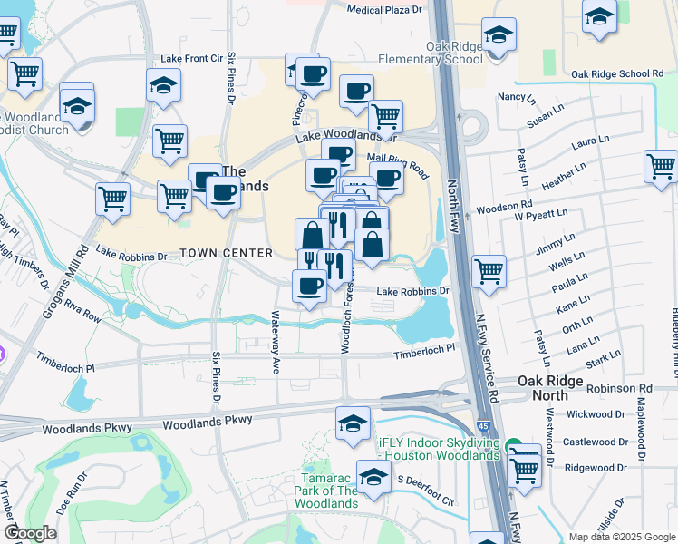 map of restaurants, bars, coffee shops, grocery stores, and more near 1450 Lake Robbins Drive in Spring