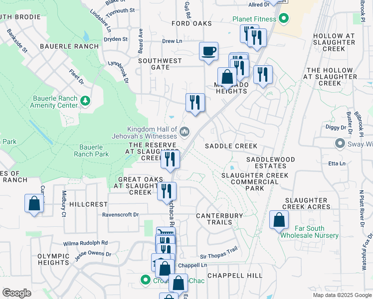 map of restaurants, bars, coffee shops, grocery stores, and more near 10910 Farm to Market 2304 in Austin