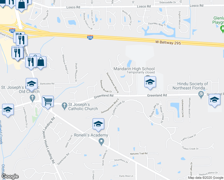 map of restaurants, bars, coffee shops, grocery stores, and more near 11633 Summer Brook Court in Jacksonville