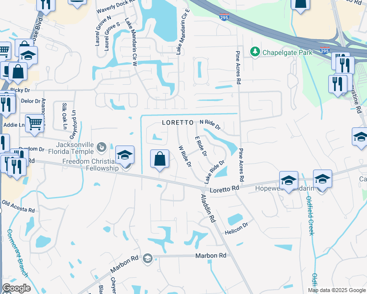 map of restaurants, bars, coffee shops, grocery stores, and more near 11577 West Ride Drive in Jacksonville