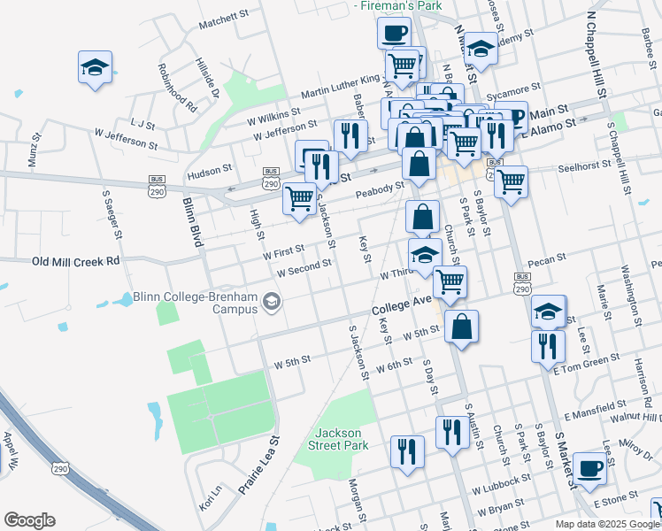 map of restaurants, bars, coffee shops, grocery stores, and more near 600 South Jackson Street in Brenham