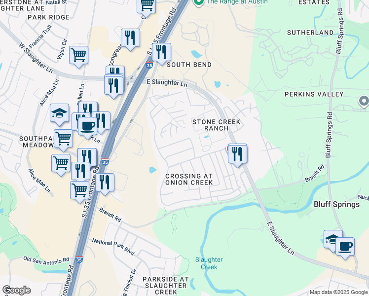 map of restaurants, bars, coffee shops, grocery stores, and more near 2108 Charlotte Estates Drive in Austin
