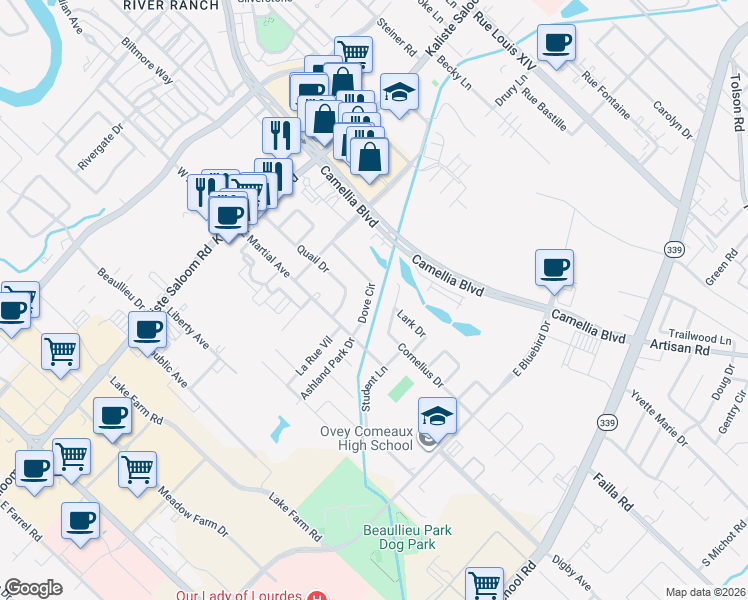 map of restaurants, bars, coffee shops, grocery stores, and more near 129 Dove Circle in Lafayette